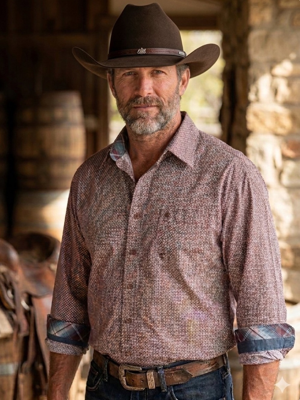 Stetson Long Sleeve Western Button-down Dress shirt Geometric Micro Print Cowboy